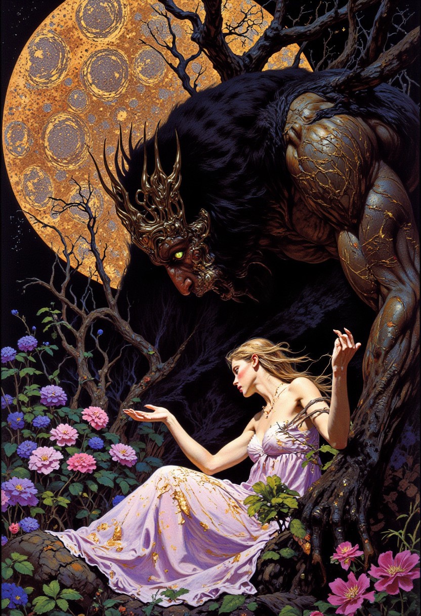 ((highly detailed oil painting:1.3) (inspired by ((Egon Schiele:1.3) (expressive distortions:1.3)) and ((Alphonse Mucha:1.3) (flowing elegance:1.3)))) A surreal, romantic scene of a terrified young woman and a grotesque demon beneath an enormous flowering tree glowing with ethereal light. The woman has pale porcelain skin, flowing rose-gold hair, and tear-filled green eyes. She wears a delicate flowing dress of pale lilac and soft gold silk, embroidered with floral patterns, its fragile fabric shimmering in the dreamlike glow. The demon is monstrous yet regal — its skin a polished onyx-black laced with glowing gold cracks, its horns curved like molten glass, shimmering faintly. Its deep amethyst eyes glow with hypnotic intensity. Tattered robes of iridescent violet and crimson silk wrap its muscular form like living shadows. Its clawed hand hovers near the woman’s face, radiating dark allure and control without contact. The environment is a surreal dream garden of massive bioluminescent flowers in pastel hues, falling petals glowing softly. The background sky is a gradient of rose-pink and twilight purple, with golden stars suspended unnaturally low. The atmosphere radiates twisted romance, tension, fear, and irresistible beauty — a hauntingly intimate moment in an enchanted, unnatural world.