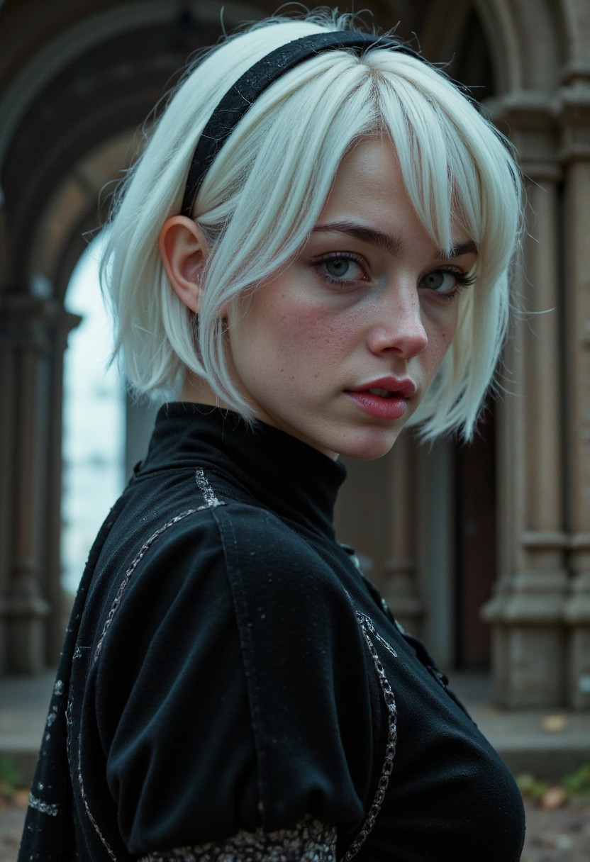 Extreme Closeup, amazing quality, masterpiece, best quality, detailed hair, detailed skin, atmospheric lighting, volumetric lighting with visible dust particles in the moody air, , hyper detailed, ultra detailed, UHD, dof, hyper-realism, majestic, extremely detailed, subsurface scattering, awesome, inspiring, By night in a mystic floating particles church, infront an desaturated Neon intricate leaded glass cathedral window, small luminous particles in darkness, A muscular, athletic beautiful blushed angry with freckles adorned closeup portrait of a Warrior nun with white natural hair in reflective shiny translucent Armor Made of technical parts, cyberpunk cables and wires, stands in a storm, lighting, Thunder electricity, high voltage, DARK, particles,. holds an old, impressively large translucent sword and shield in her hand, exuding a laid-back yet dangerous vibe. The photo features faded colors, with a limited DARK dystopian desaturated palette of Neon black,  capturing her cool, striking appearance.. cinematic composition, soft shadows, national geographic style,