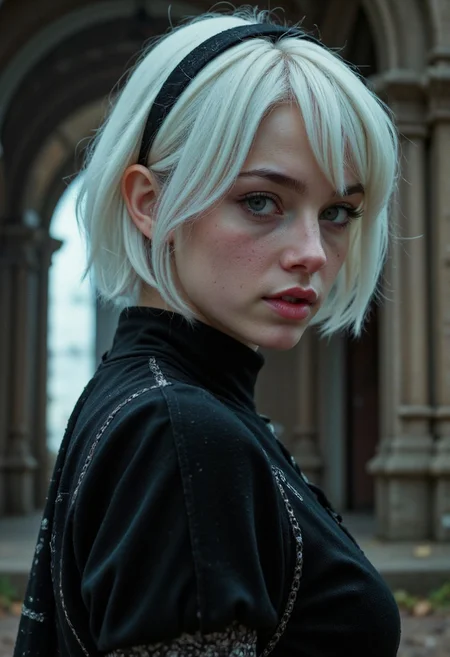 Extreme Closeup, amazing quality, masterpiece, best quality, detailed hair, detailed skin, atmospheric lighting, volumetric lighting with visible dust particles in the moody air, , hyper detailed, ultra detailed, UHD, dof, hyper-realism, majestic, extremely detailed, subsurface scattering, awesome, inspiring, By night in a mystic floating particles church, infront an desaturated Neon intricate leaded glass cathedral window, small luminous particles in darkness, A muscular, athletic beautiful blushed angry with freckles adorned closeup portrait of a Warrior nun with white natural hair in reflective shiny translucent Armor Made of technical parts, cyberpunk cables and wires, stands in a storm, lighting, Thunder electricity, high voltage, DARK, particles,. holds an old, impressively large translucent sword and shield in her hand, exuding a laid-back yet dangerous vibe. The photo features faded colors, with a limited DARK dystopian desaturated palette of Neon black, capturing her cool, striking appearance.. cinematic composition, soft shadows, national geographic style,