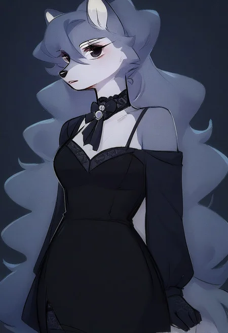 Expressiveh, digital_media_(artwork) hi_res, score_9, score_8_up, score_7_up, score_6_up, score_5_up, score_4_up, rating_safe, beautiful, intricate, high quality details, highly detailed, amazing quality, Woof, Dress, black dress, off shoulder, formal, thighhighs, gloves