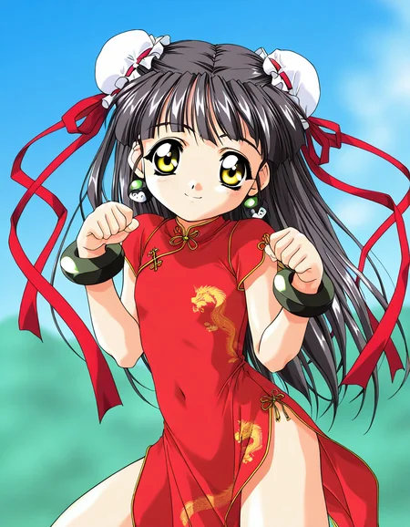 masterpiece, best quality, good quality, <lora:Kounyan_Spiral_NAMI_IS:1>Kounyan, black hair, long hair, double bun, hair bun, bun cover, yellow eyes, ribbon, earrings, flat chest, green jewelry, 2000s \(style\),anime coloring, short stack,
1girl, solo, chinese clothes, china dress, red dress, smile, paw pose,
bracelet, short hair,
blue sky,