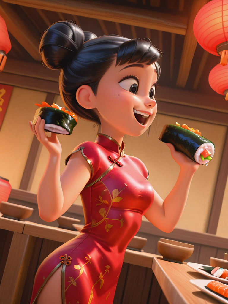 DisneyStudioXL, cinematic,
1girl eating sushi, open mouth, food, restaurant, paper lantern, looking at food, black hair, hair buns, medium breast, black eyes, smile, red china dress, cute, cartoon, valley, wooden builds, cowboy shot, dynamic angle, from side, very expressive face,
 <lora:DisneyStudios_style-12IL:1>