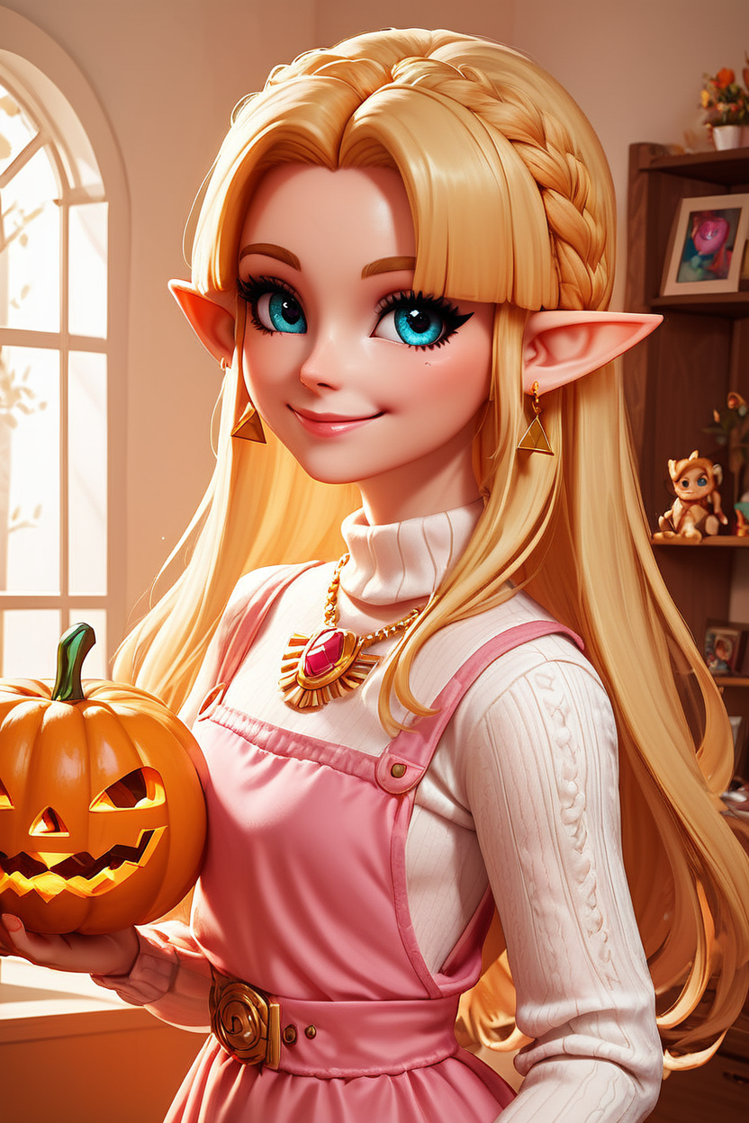 score_9, score_8_up, score_8, medium breasts, (curvy), cute, eyelashes,  BREAK, ,,,  zzUZelda, blonde hair, jewelry, dress, pink tabard, triforce,  earrings, necklace, <lora:UltimatePrincessZelda_PDXL_v1:0.8> ,,, upper body,  1girl, solo, closed mouth, pants, holding pumpkin, indoors, sweater, lips, makeup, upper body, white sweater,  indoors, warm colors, cozy,  BREAK, smile, looking at viewer,   embedding:zPDXL, Expressiveh,  <lora:BeautifulCAT_PDXL:0.8>, <lora:SDXLFaeTastic2400:0.5>,  <lora:Expressive_H-000001:0.4>,