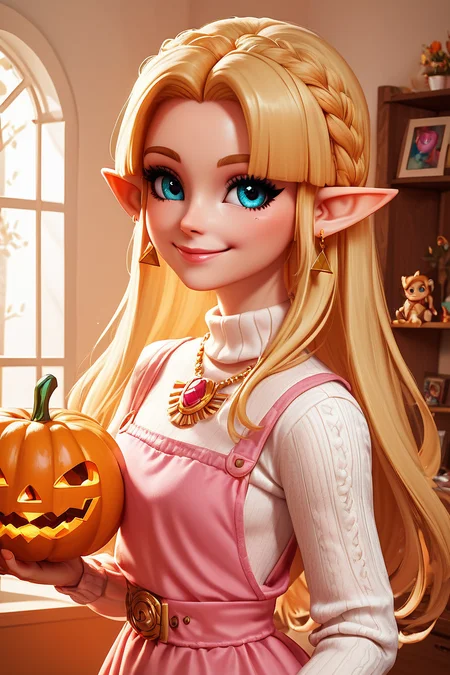 score_9, score_8_up, score_8, medium breasts, (curvy), cute, eyelashes,  BREAK, ,,,  zzUZelda, blonde hair, jewelry, dress, pink tabard, triforce,  earrings, necklace, <lora:UltimatePrincessZelda_PDXL_v1:0.8> ,,, upper body,  1girl, solo, closed mouth, pants, holding pumpkin, indoors, sweater, lips, makeup, upper body, white sweater,  indoors, warm colors, cozy,  BREAK, smile, looking at viewer,   embedding:zPDXL, Expressiveh,  <lora:BeautifulCAT_PDXL:0.8>, <lora:SDXLFaeTastic2400:0.5>,  <lora:Expressive_H-000001:0.4>,
