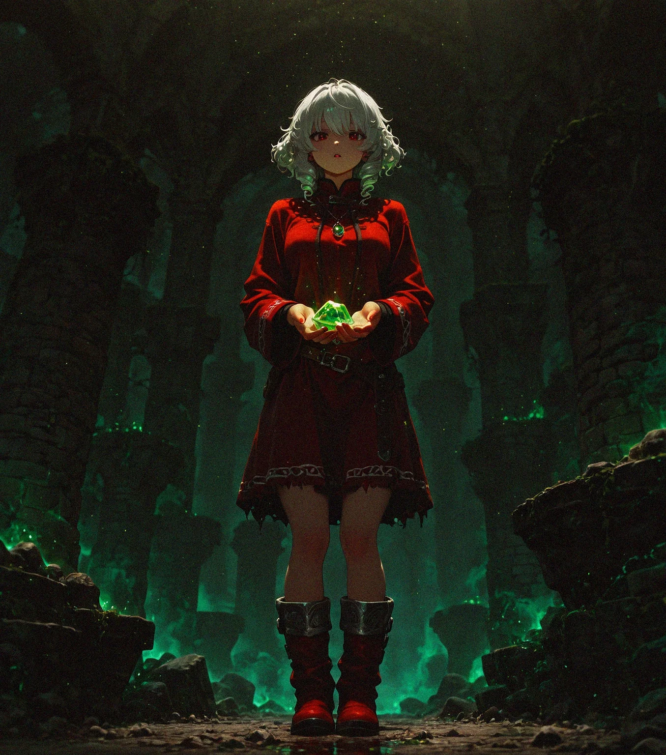masterpiece, best quality, amazing quality, <lora:DarkFantasy_v3_Buns:0.55>, Crimson tunic, silver-trimmed boots, platinum short curls, glowing emerald pendant, masterpiece, best quality, amazing quality