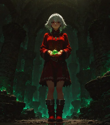 masterpiece, best quality, amazing quality, <lora:DarkFantasy_v3_Buns:0.55>, Crimson tunic, silver-trimmed boots, platinum short curls, glowing emerald pendant, masterpiece, best quality, amazing quality