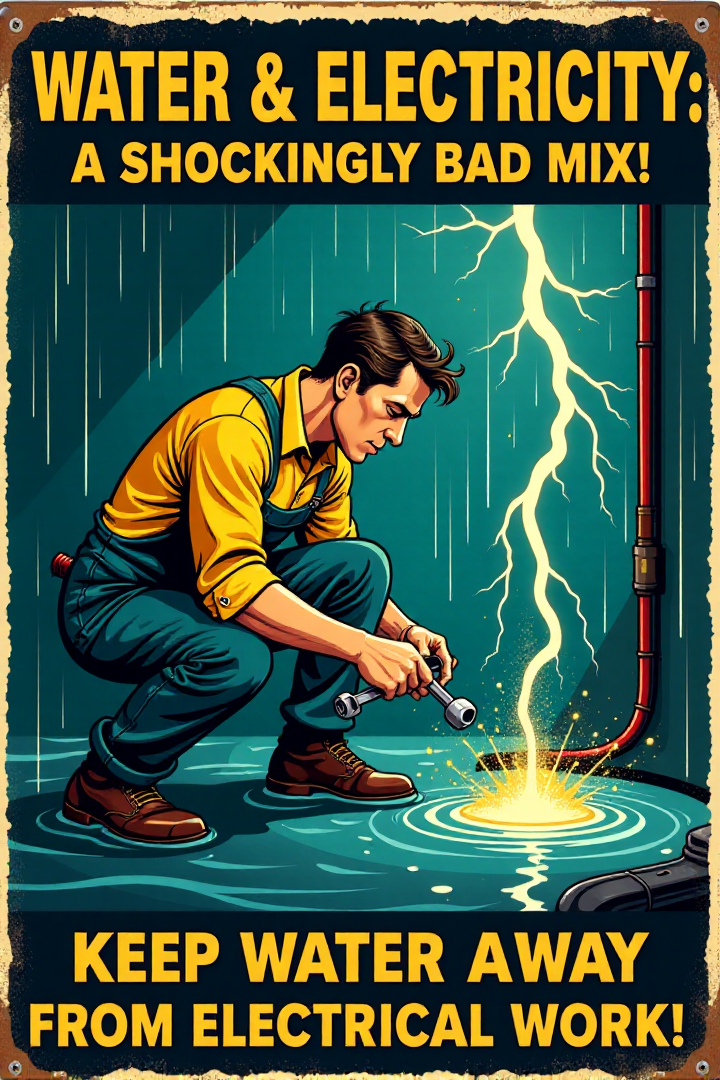 "Vintage safety poster cartoon depicting a worker foolishly attempting to repair electrical wiring while knee-deep in a puddle of water, rain pouring down around him and lightning flashing dramatically in the background. He's holding a wrench and screwdriver, with exposed, sparking wires dangerously close to the water.  His hair is standing on end, and a comical skull and crossbones appears momentarily above his head as electricity crackles around him.  The sign text in vintage font screams: 'WATER & ELECTRICITY: A SHOCKINGLY BAD MIX!  KEEP WATER AWAY FROM ELECTRICAL WORK!'  Render in a high-contrast, vintage cartoon style, using dramatic shadows and bright flashes of electricity to emphasize the danger.  Utilize a palette of electric blue, warning yellow, and stark black to create visual impact.  Visually stunning vintage cartoon, impactful safety message, high detail in rain effects, electrical sparks, and the worker's foolish actions." <lora:REMEs_War_Poster_Style:0.9> In REME's War Poster Style,âââ