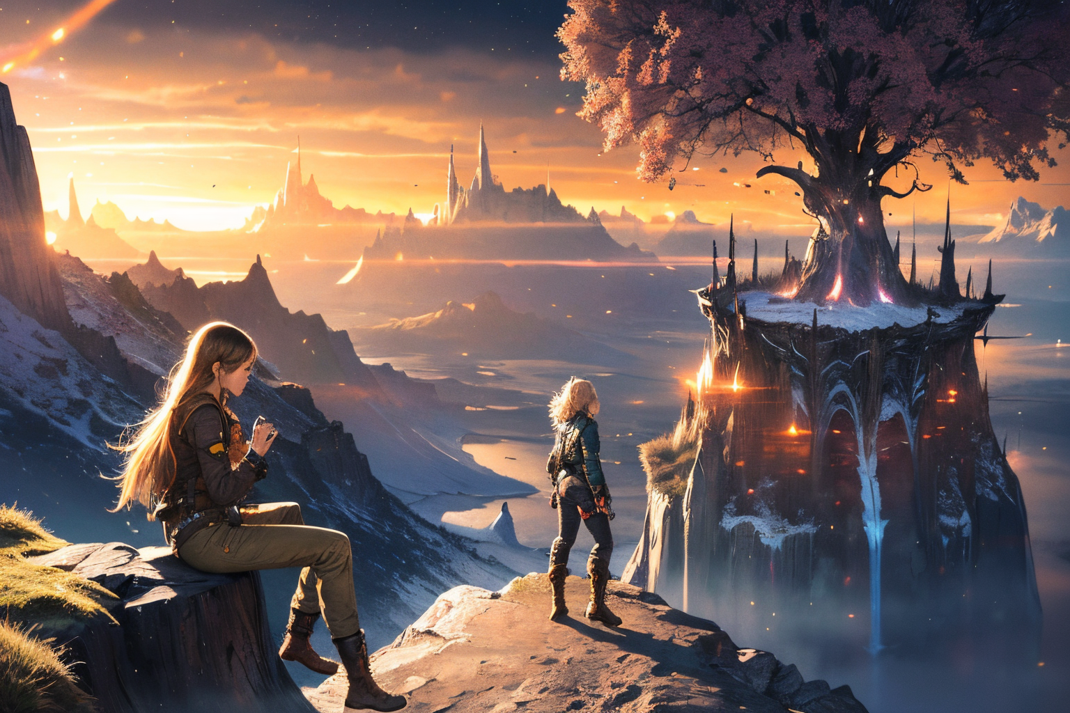 (Realistic:1.5) SyFyEye1, sunset, multiple girls, bare tree, galaxy, mountain, floating island, male focus, realistic, blurry, forest, pants, castle, smoke, boots, solo, thrusters, boots, concept art, water, landscape,  <lora:SyFyEye1_v2.0:0.8>