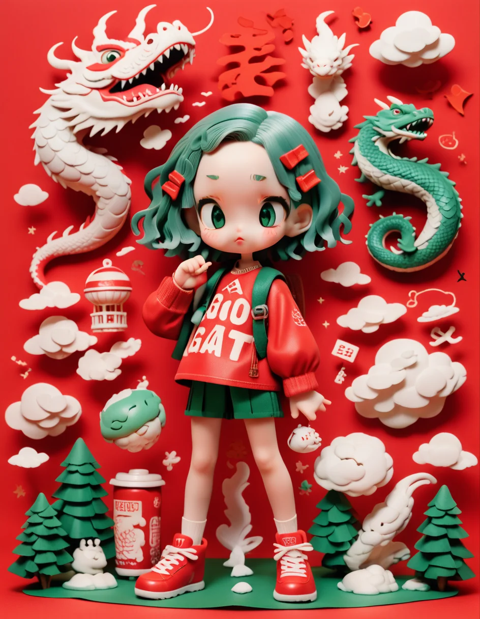 detailed dollp, plastic skin, detailed hair, smooth hair,
eastern dragon,chinese dragon,(solo:1.5),centered of dragon head,serpentine,majestic,pinetrees,paper lanterns,mountain,clouds,Spring Festival,Flat style,illustration,redbackground,high detail,high quality,completed
<lora:cutedoodle_XL-000012:1> 
<lora:dolly-merge-xl_v1:1.5>
<reference: https://civitai.com/images/4594597>