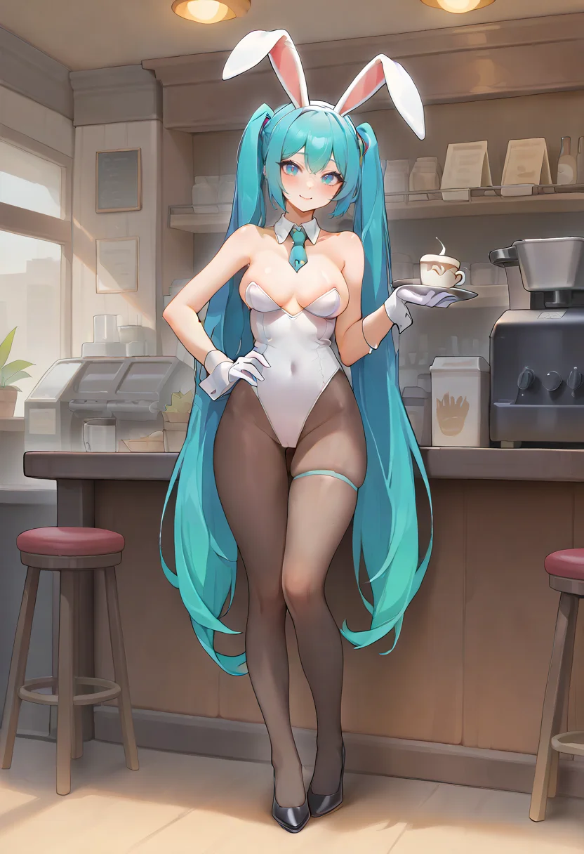 masterpiece, newest,
1girl, shiny skin, bunny girl, hatsune miku, standing, light smile, head tilt, absurdres, long gloves, cafe, leotard, pantyhose <lora:bartolomeobari_style_v1_0:0.7>