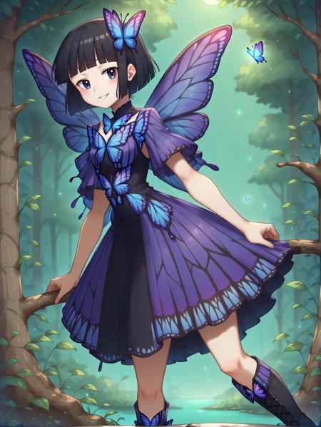 score_9, score_8_up, score_7_up, score_6_up, score_5_up, score_4_up, source_anime, source_cartoon, 
1girl wearing a purple (butterfly dress), <lora:butterfly_dress-PD-1.0:1>
fireflies, night, forest, vines, bob cut, black hair, boots, blunt bangs, hime cut, pose, seductive smile, contrapposto, 
aaaa_(quad-a),