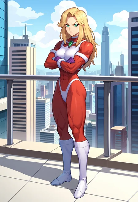 score_9,score_8_up,score_7_up,score_6_up,score_5_up,source_anime BREAK anime screencap, 1girl,<lora:Mrsarrowf0pony:01>,mrsarrowf0,standing,superhero,crossed arms,facing viewer,bodysuit,blonde hair,muscular female,green eyes,purple gloves,boots,full body,on balcony,futuristic city,cloudy skies,