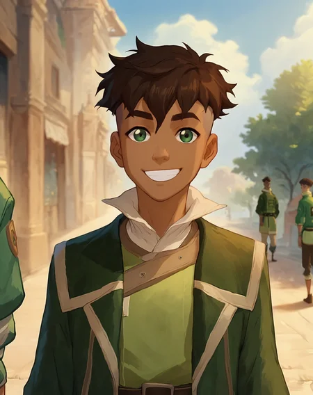 score_9,score_8_up,score_7_up, <lora:Kai:0.8>, 1boy, Kai, brown hair, undercut, green eyes, dark skin, earth kingdom clothing, jacket, belt, smile, looking at viewer, outdoors, upper body, official art, official style,
