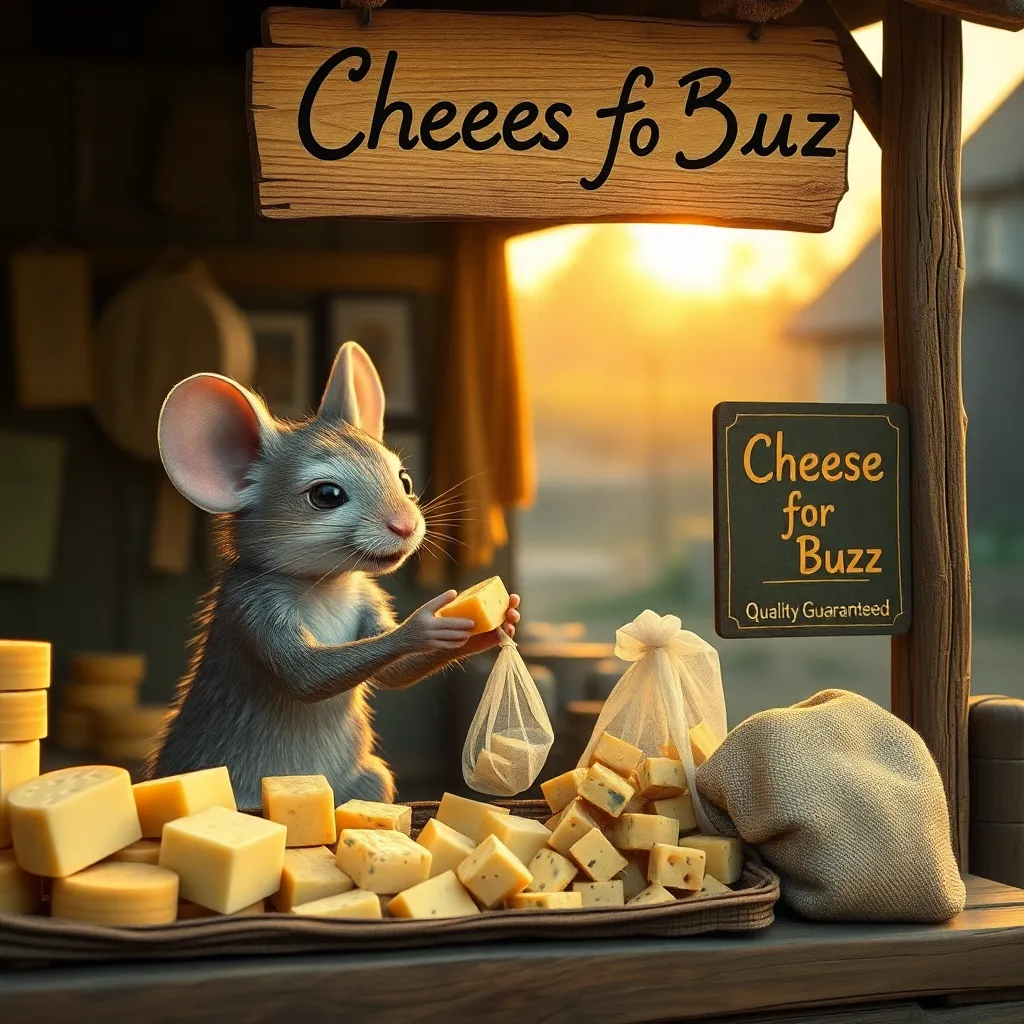 A Mouse selling Cheese at a rural market in 1950s, technicolor, photograph, realistic, mouse sitting at a stall and selling cheese, collecting money from customer, receiving coin from customer, handing over a bag filled with cheese to customer, the shop's name is written stylishly on a board - "Cheese for Buzz, Quality Guaranteed", morning, dawn, golden hour