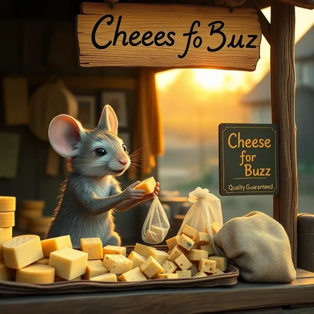 A Mouse selling Cheese at a rural market in 1950s, technicolor, photograph, realistic, mouse sitting at a stall and selling cheese, collecting money from customer, receiving coin from customer, handing over a bag filled with cheese to customer, the shop's name is written stylishly on a board - "Cheese for Buzz, Quality Guaranteed", morning, dawn, golden hour