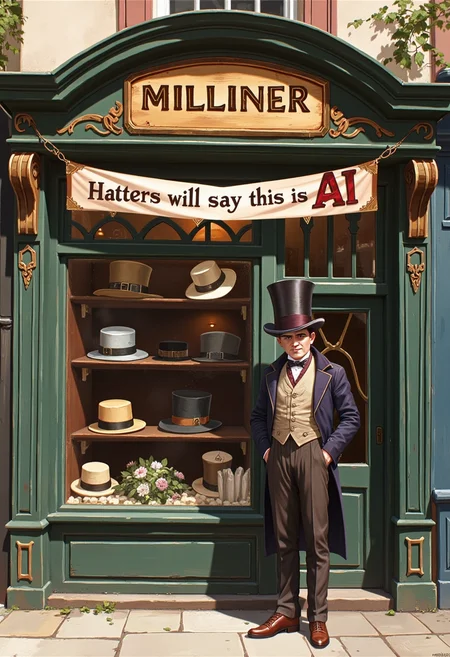 Exterior view of a Victorian-style Milliner shop with a wooden sign, with a selection of hats in the window. A victorian man wearing a very large top hat stands proudly at the door. A banner is draped across the wall saying ("Hatters will say this is AI":1.25), whimsical, funny, illustration
