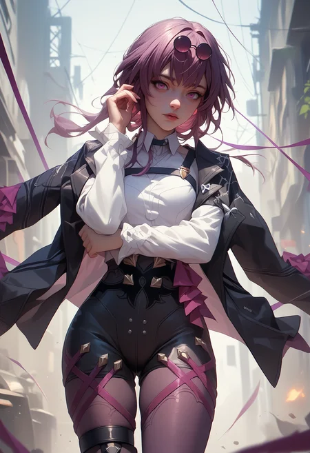 score_9, score_8_up, score_7_up BREAK solo, 1girl, clamKafka, eyewear on head, black jacket, white shirt, black shorts, purple pantyhose <lora:clamKafkaPDXL:1>