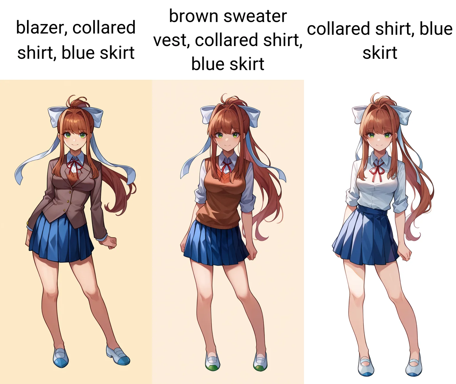 score_9, score_6_up, source_anime, white background, simple background, 1girl, solo, full body, standing, straight-on, monika, brown hair, green eyes, ponytail, white bow, blazer, collared shirt, blue skirt, light smile, medium breasts <lora:ddlcXL:1>