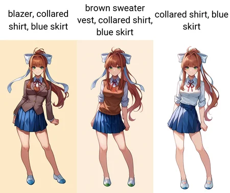 score_9, score_6_up, source_anime, white background, simple background, 1girl, solo, full body, standing, straight-on, monika, brown hair, green eyes, ponytail, white bow, blazer, collared shirt, blue skirt, light smile, medium breasts <lora:ddlcXL:1>