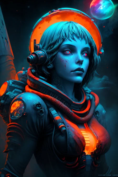 retroart style, dark fantasy aesthetics, sci-fi, high-tech, epic scene, dark and moody statuesque woman, (busty:1.1), detailliert face, stunning beauty, (upper body:1.2), (blue and orange biomechanical suit), looking up, (ancient alien ruins in backround), evil mystic, glowing particles, (with many sparkling particles floating around), smoke, (beautiful cosmic background full of planets and blood nebula:1.3), misty, (highest quality), (ultra detailed), (cinematic lighting), sharp focus, digital panting, 3 d art, artwork, <lora:add_detail:1> <lora:detailed_notrigger:1> <lora:Blanche:1>