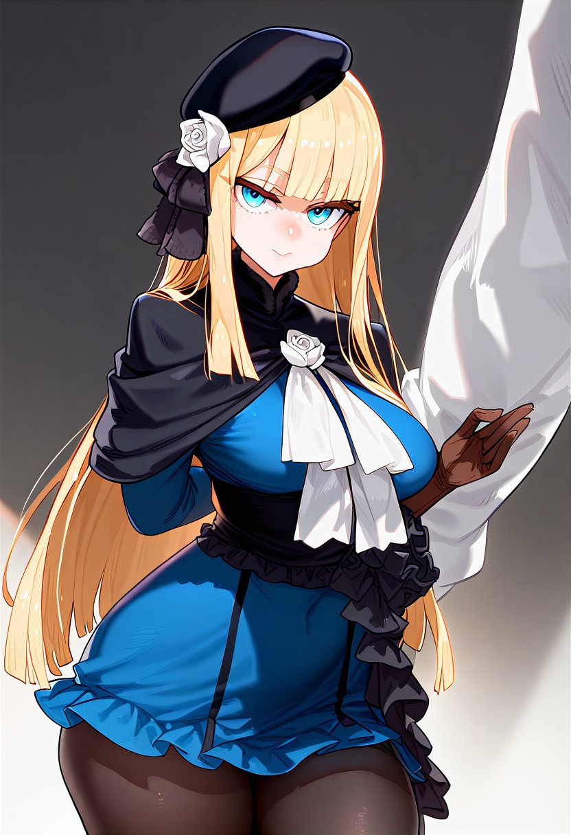 (masterpiece:1.2, best quality), (finely detailed eyes: 1.2) (ultra-detailed, hires), (detailed face, detailed eyes), (best illumination), detailed glow, high contrast, looking at viewer, solo, 1girl, solo, (large breasts, thin waist, wide hips, thick thighs), peaceful, closed mouth, adult, reines el-melloi archisorte, blonde hair, blue eyes, long hair, bangs, blunt bangs, beret, black headwear, black ribbon, blue dress, brown gloves, dress, flower, fur collar, fur trim, fur-trimmed sleeves, gloves, hair flower, hair ornament, hair ribbon, hat, long sleeves, ribbon, rose, tilted headwear, white flower, white rose, black tights, no background, dark background, (masterpiece, best quality, very aesthetic, absurdres), (ultra detailed perfect piece:1.2), illustration, masterpiece, (extremely detailed CG 8k), (very fine 8K CG), <lora:add-detail-xl:-1>