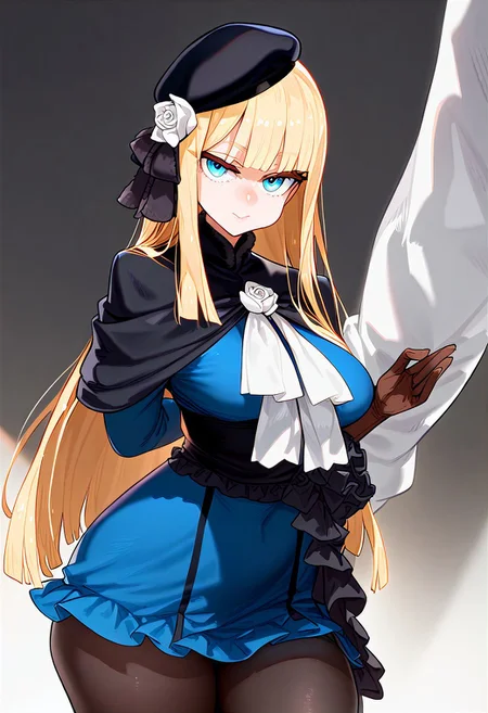 (masterpiece:1.2, best quality), (finely detailed eyes: 1.2) (ultra-detailed, hires), (detailed face, detailed eyes), (best illumination), detailed glow, high contrast, looking at viewer, solo, 1girl, solo, (large breasts, thin waist, wide hips, thick thighs), peaceful, closed mouth, adult, reines el-melloi archisorte, blonde hair, blue eyes, long hair, bangs, blunt bangs, beret, black headwear, black ribbon, blue dress, brown gloves, dress, flower, fur collar, fur trim, fur-trimmed sleeves, gloves, hair flower, hair ornament, hair ribbon, hat, long sleeves, ribbon, rose, tilted headwear, white flower, white rose, black tights, no background, dark background, (masterpiece, best quality, very aesthetic, absurdres), (ultra detailed perfect piece:1.2), illustration, masterpiece, (extremely detailed CG 8k), (very fine 8K CG), <lora:add-detail-xl:-1>
