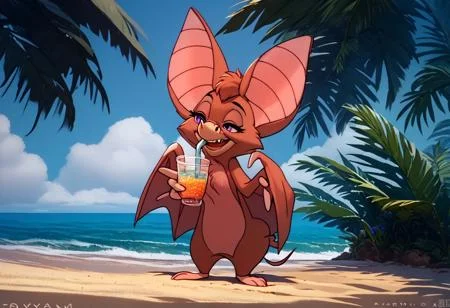 score_9, score_8_up, score_7_up, (best quality:1.1), ultra-detailed, anthro, high resolution, (((8k))), 1girl, bat, bat girl, day time, animal ears, bat ears, smile, front view, foxglove bat, summer, daytime, big bat wings, happy look, BREAK. feral bat wings, standing, (tropical island), detailed background, (sand beach: 1,4), half closed eyes, , lying on beach chair, BREAK. Sipping juice from cup, precise details