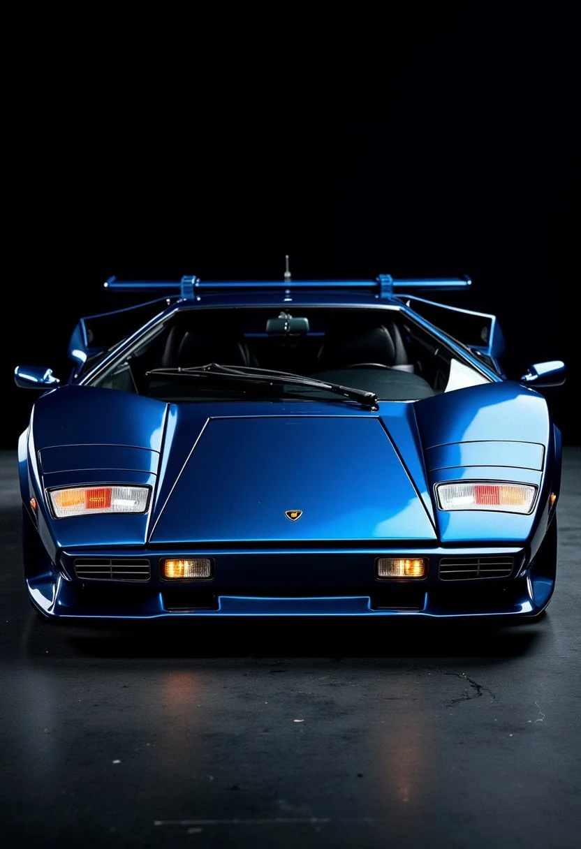 A midnight blue Lamborghini Countach, professional photography, dark background, directional lighting, nvinkpunk