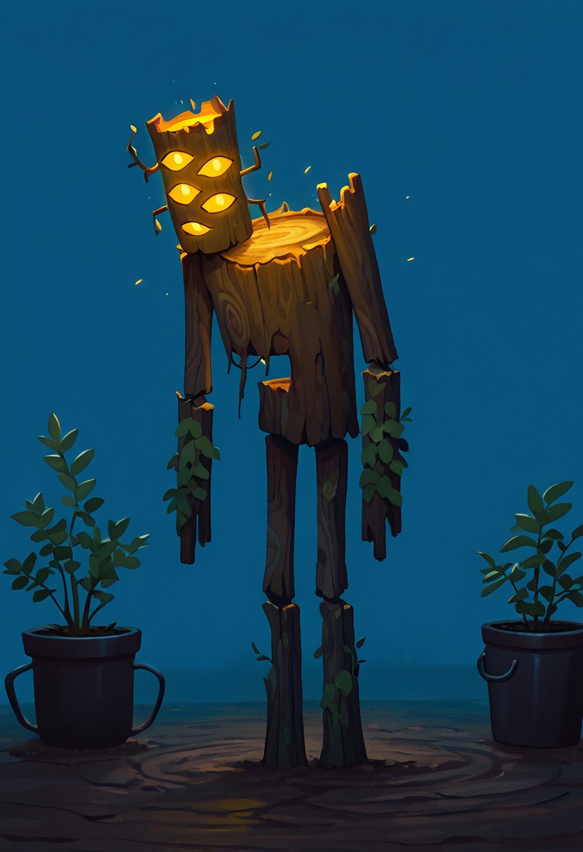 masterpiece, best quality, amazing quality, very aesthetic, absurdres, newest, cinematic, movie scene, foreground blur,
creaking, no humans, standing, monster, glowing eyes, yellow eyes, solo, 3 eyes, yellow sclera, wooden body,
legs in pot, plant pot, hidden legs, no legs, on chair, plastic chair, cheap plastic chair, no legs visible, buried in plat pot, soiled pot, plant pot, blue background, fan art, cartoon, screencap,