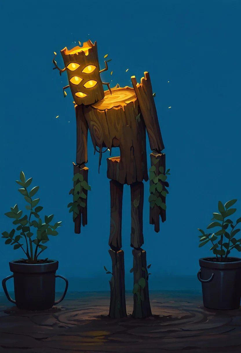 masterpiece, best quality, amazing quality, very aesthetic, absurdres, newest, cinematic, movie scene, foreground blur,
creaking, no humans, standing, monster, glowing eyes, yellow eyes, solo, 3 eyes, yellow sclera, wooden body,
legs in pot, plant pot, hidden legs, no legs, on chair, plastic chair, cheap plastic chair, no legs visible, buried in plat pot, soiled pot, plant pot, blue background, fan art, cartoon, screencap,