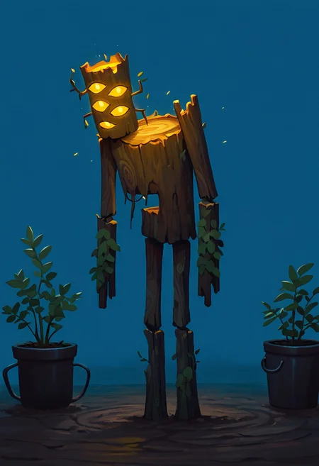 masterpiece, best quality, amazing quality, very aesthetic, absurdres, newest, cinematic, movie scene, foreground blur,
creaking, no humans, standing, monster, glowing eyes, yellow eyes, solo, 3 eyes, yellow sclera, wooden body,
legs in pot, plant pot, hidden legs, no legs, on chair, plastic chair, cheap plastic chair, no legs visible, buried in plat pot, soiled pot, plant pot, blue background, fan art, cartoon, screencap,