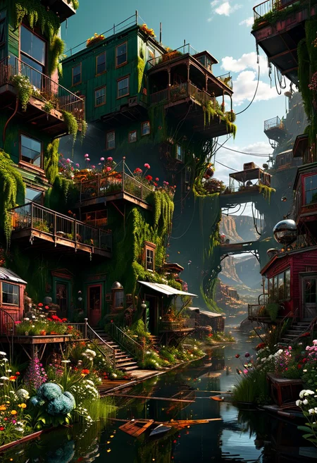 style by Terry Redlin,best quality,high resolution,extremely detailed,8k,dynamic angle, vray engine,creative,unconventional,creative dystopic, sky-land  realism dreamlike floating cyberpunk,glass architecture masterpiece inspired by ,green floral,cliff realistic junkyard nature by Thomas Cole,huge busy maximalist scene
