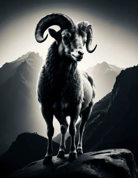 a ram standing on a rock on a mountain <lora:ral-chrosc-bw:1> ral-chrosc-bw