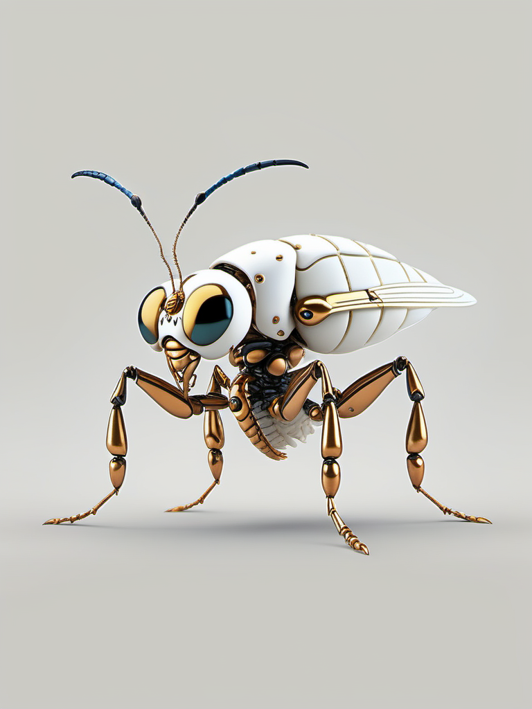jixie,This is a mechanized fly with a cyberpunk style. Its design combines organic and mechanical elements. The fly's body is segmented, similar to the abdomen of an insect, with a smooth white surface and black stripes and golden spots for embellishment, suggesting a metallic texture. The head is relatively large in proportion to the body, with prominent blue eyes and black pupils, giving it an appearance of perception. Two antennae rise from the top of the head, enhancing its insect-like beauty. The legs are slender and articulated. The copper-colored joints match the golden embellishments on the body, and at the ends are articulated feet. The overall impression is a futuristic machine creature designed to imitate the form and movement of a fly. Shot from a side angle, light background<lora:ä»¿çæºæ¢°V1:0.7>,