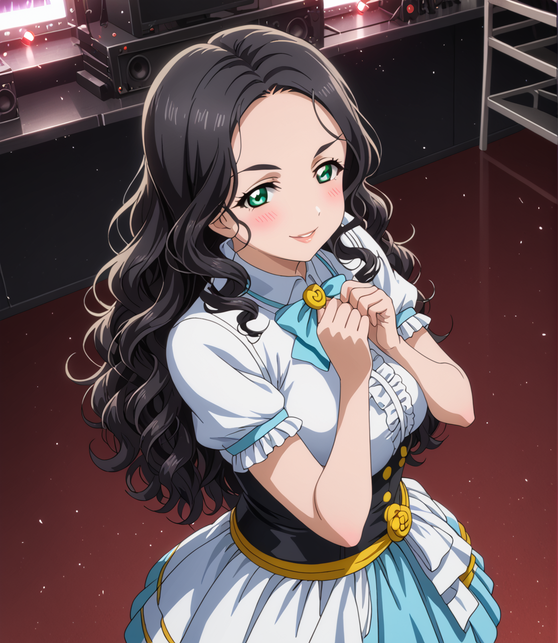 PonyScores7, source_anime, ah1, BREAK 1girl, (curly hair), long hair, (black hair:1.3), mature female, (parted hair:1.7), (round face:1.2), (thick eyebrows), (curvy), round-chin, (greenish hazel eyes), caucasian, (downturned eyes:1.2), (plump face), <lora:ETO_OCPonyXL:0.5> eto_oc, skindentation, (plump), thick thighs, wide hips, busty, voluptuous, kinky curls, lips, <lora:venus body PonyXL:0.4>,  (shy, blush, smirking at viewer), (Summoning the Power of the Ancients), (stage, stage lights), looking at viewer, (<lora:idol_dress-PD-1.0:0.8> idol dress), BREAK <lora:xl_more_art-full_v1:0.2>, <lora:shinyskin2:0.2> glistening skin, <lora:aesthetic_anime_v1s:0.2>, <lora:Expressive_H:0.2> Expressiveh, <lora:hairdetailpxl:0.2> hairdetailpxl, <lora:EpicF4nta5yXL:0.2>, <lora:detailxl:0.2> detailxl, <lora:Fant5yP0ny:0.2>, best quality, amazing quality, best aesthetic, absurdres, <lora:expressive eyes:0.2> expressive eyes, <lora:eyedetailpxl:0.2> eyedetailpxl, illustration, Volumetric_Lighting, ultra-detailed, very aesthetic, intricate details, 8k, masterpiece, best_quality, BREAK (High Angle (from the side) view medium Close shot (focus on waist)), BREAK <lora:Eyes_High_Definition:0.3> EyesHD, Stable_Yogis_PDXL_Positives, AS-Adult, <lora:Complicated fantasy portrait - XL Pony V2.0:0.4>, bad-hands-5, <lora:Love_Live:1>