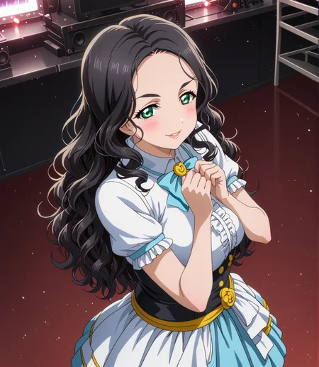 PonyScores7, source_anime, ah1, BREAK 1girl, (curly hair), long hair, (black hair:1.3), mature female, (parted hair:1.7), (round face:1.2), (thick eyebrows), (curvy), round-chin, (greenish hazel eyes), caucasian, (downturned eyes:1.2), (plump face), <lora:ETO_OCPonyXL:0.5> eto_oc, skindentation, (plump), thick thighs, wide hips, busty, voluptuous, kinky curls, lips, <lora:venus body PonyXL:0.4>,  (shy, blush, smirking at viewer), (Summoning the Power of the Ancients), (stage, stage lights), looking at viewer, (<lora:idol_dress-PD-1.0:0.8> idol dress), BREAK <lora:xl_more_art-full_v1:0.2>, <lora:shinyskin2:0.2> glistening skin, <lora:aesthetic_anime_v1s:0.2>, <lora:Expressive_H:0.2> Expressiveh, <lora:hairdetailpxl:0.2> hairdetailpxl, <lora:EpicF4nta5yXL:0.2>, <lora:detailxl:0.2> detailxl, <lora:Fant5yP0ny:0.2>, best quality, amazing quality, best aesthetic, absurdres, <lora:expressive eyes:0.2> expressive eyes, <lora:eyedetailpxl:0.2> eyedetailpxl, illustration, Volumetric_Lighting, ultra-detailed, very aesthetic, intricate details, 8k, masterpiece, best_quality, BREAK (High Angle (from the side) view medium Close shot (focus on waist)), BREAK <lora:Eyes_High_Definition:0.3> EyesHD, Stable_Yogis_PDXL_Positives, AS-Adult, <lora:Complicated fantasy portrait - XL Pony V2.0:0.4>, bad-hands-5, <lora:Love_Live:1>