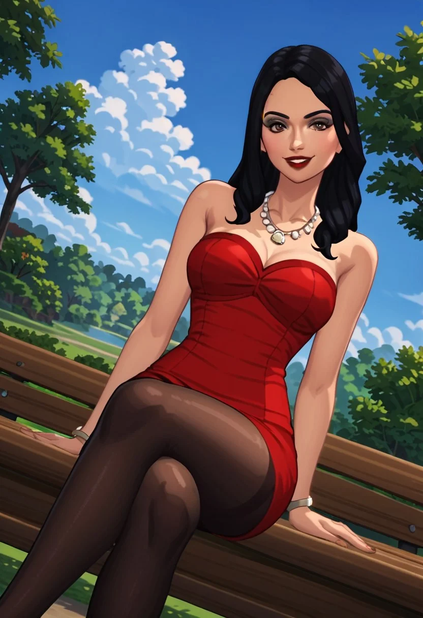 score_9, score_8_up, score_7_up, source_anime, anime_screencap, anime_coloring
Sims4BellaGoth, 1girl, black hair, long hair, brown eyes, makeup, lipstick, red lips, short dress, red dress, strapless dress, necklace, pantyhose black pantyhose,
Forest, daytime, sky, clouds
Rating_safe
smug, sitting, crossed legs, outdoors, 1girl, bench, trees, sky, clouds, sun, looking at viewer, day, forest, cowboy shot, upper body focus, (Dutch angle:1.4)