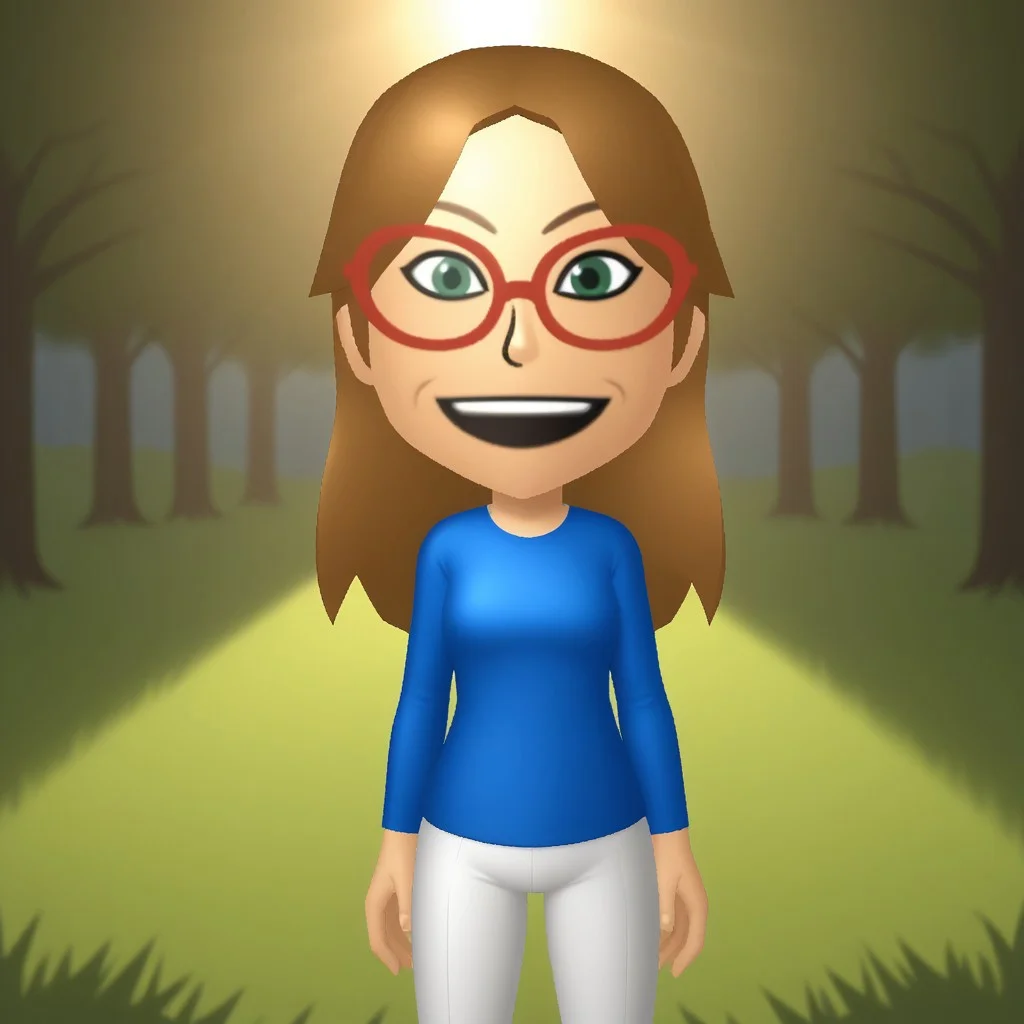 score_9, score_8, BREAK, solo, wii, mii, wii sports, 1girl, female mii, green eyes, dark blonde hair, brown eyebrows, red glasses, open mouth, dark blue clothing, white pants, flip flops, nintendo mii, modern_mii, classic_mii, breasts, ashley_(wii_sports), cute, sexy pose, smile, outdoors, sunlight, shadows, evening lighting, natural lighting, forest, trees, grass, orange sky, sunset
