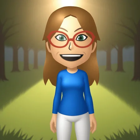 score_9, score_8, BREAK, solo, wii, mii, wii sports, 1girl, female mii, green eyes, dark blonde hair, brown eyebrows, red glasses, open mouth, dark blue clothing, white pants, flip flops, nintendo mii, modern_mii, classic_mii, breasts, ashley_(wii_sports), cute, sexy pose, smile, outdoors, sunlight, shadows, evening lighting, natural lighting, forest, trees, grass, orange sky, sunset