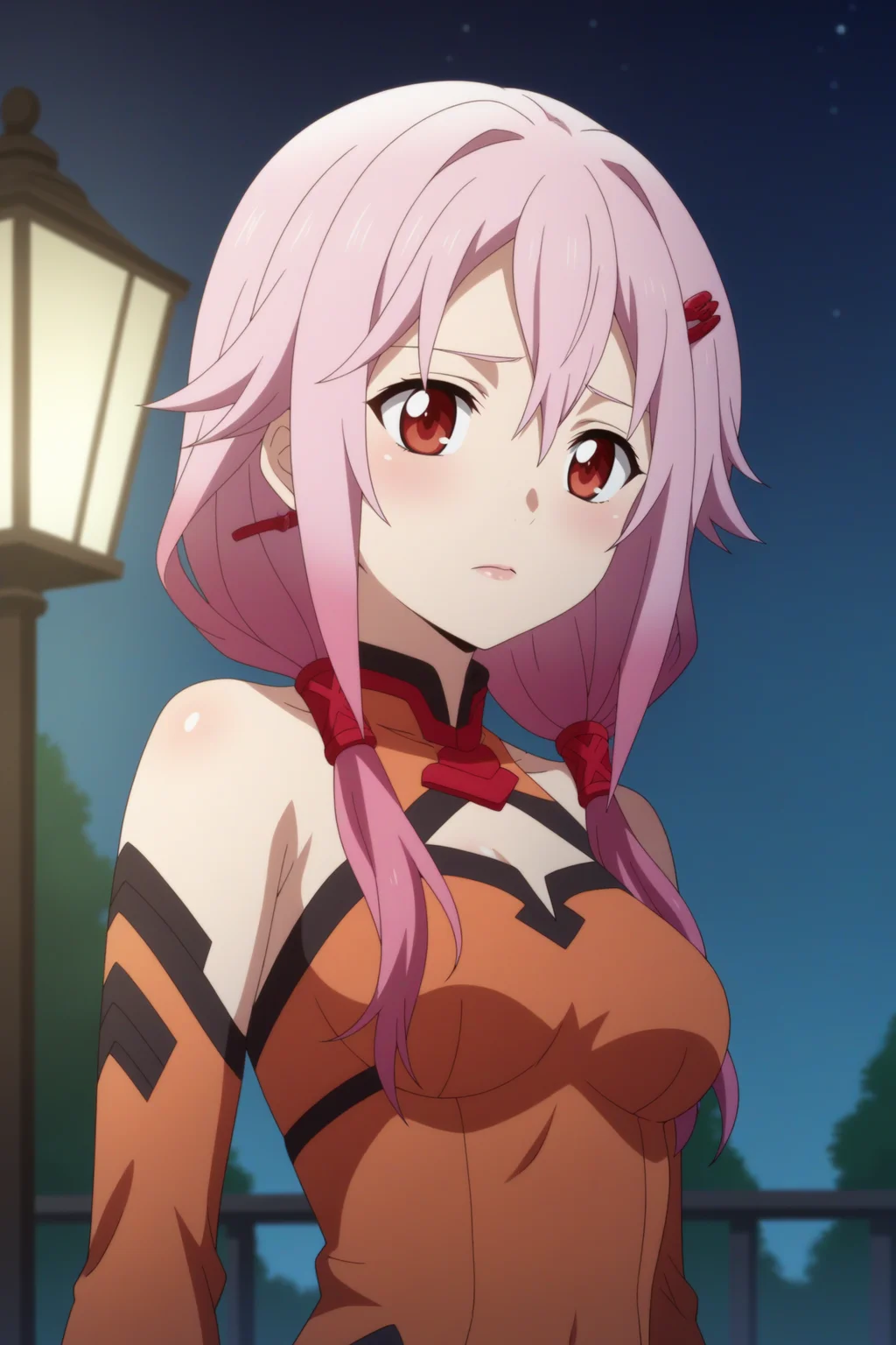 1girl,solo,yuzuriha inori,long hair,twintails,hairclip, hair ornament,bare shoulders,breasts,detached sleeves,indoors,dress,outdoors,night time, orange sky,upper body