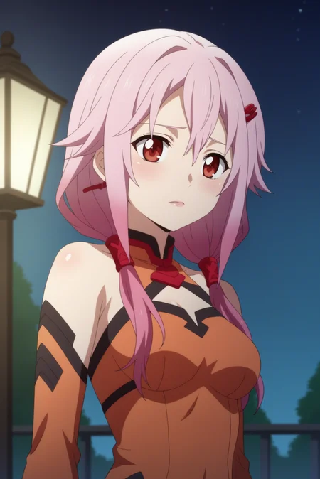 1girl,solo,yuzuriha inori,long hair,twintails,hairclip, hair ornament,bare shoulders,breasts,detached sleeves,indoors,dress,outdoors,night time, orange sky,upper body