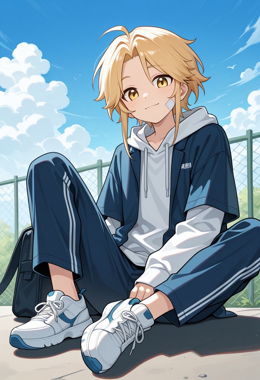 masterpiece,best quality,amazing quality, source_anime, 
Yanqihonk, 1boy, solo, male focus, yellow eyes, bag, hoodie, sitting, sky, outdoors, cloud, looking at viewer, alternate costume, sneakers, smile, fence, shoes, blue sky, bandaid, bandaid on face, closed mouth, day, shprt over long sleeves, sneekers, hoodie, hood, track pants