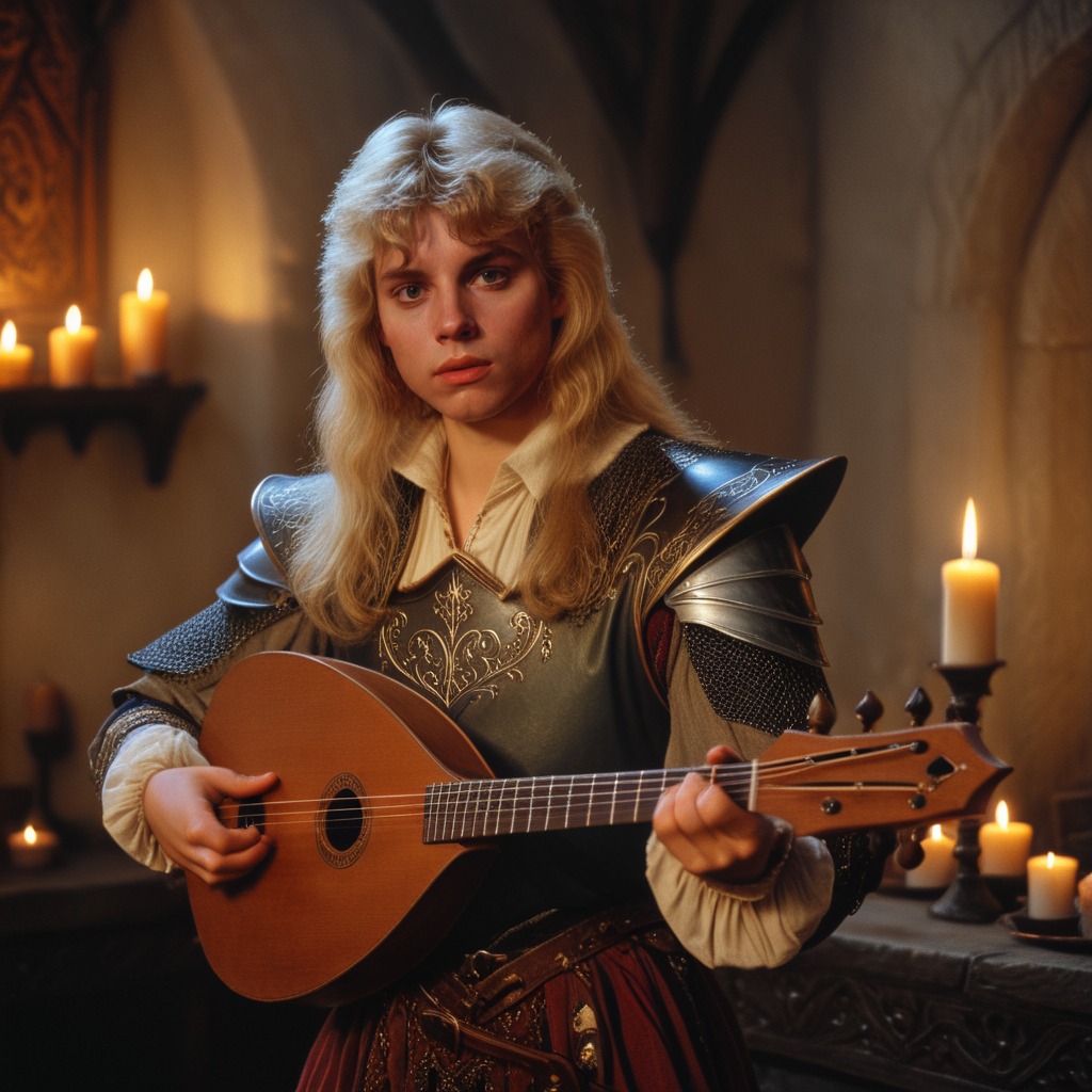 <lora:80sFantasyMovieMJ7SDXL:1> 80s Fantasy Movie Still, The image shows a young woman with blonde hair wearing a medieval-style outfit with intricate details. She is holding a mandolin in her hands and appears to be playing it. The background is dark and there are two lit candles on either side of her. The woman has a serious expression on her face and is looking directly at the camera. The overall mood of the image is intense and dramatic.