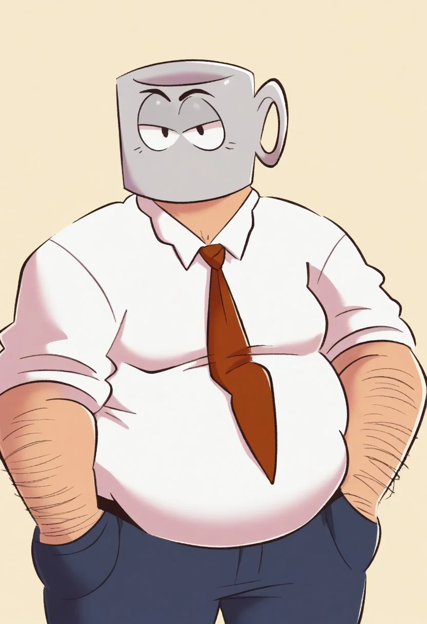 score_9, score_8_up, score_7_up, masterpiece, best quality, lots of details, close-up, solo, male focus, bara, solo, backlight, cartoon style, 2d, detailed background, perfect hands, high quality, perfect anatomy, masterpiece, Joe Cuppa, mouthless, object head, mug head, steam coming out from head, red necktie, hairy arms, fat chubby body, obese, large belly, white t-shirt, blue trousers, cartoon eyes, ray tracing, BREAK, male, looking at viewer, one hand in pocket, one hand waving, trashtoonz_style
<lora:Trashtoonz_Style_V1:1>