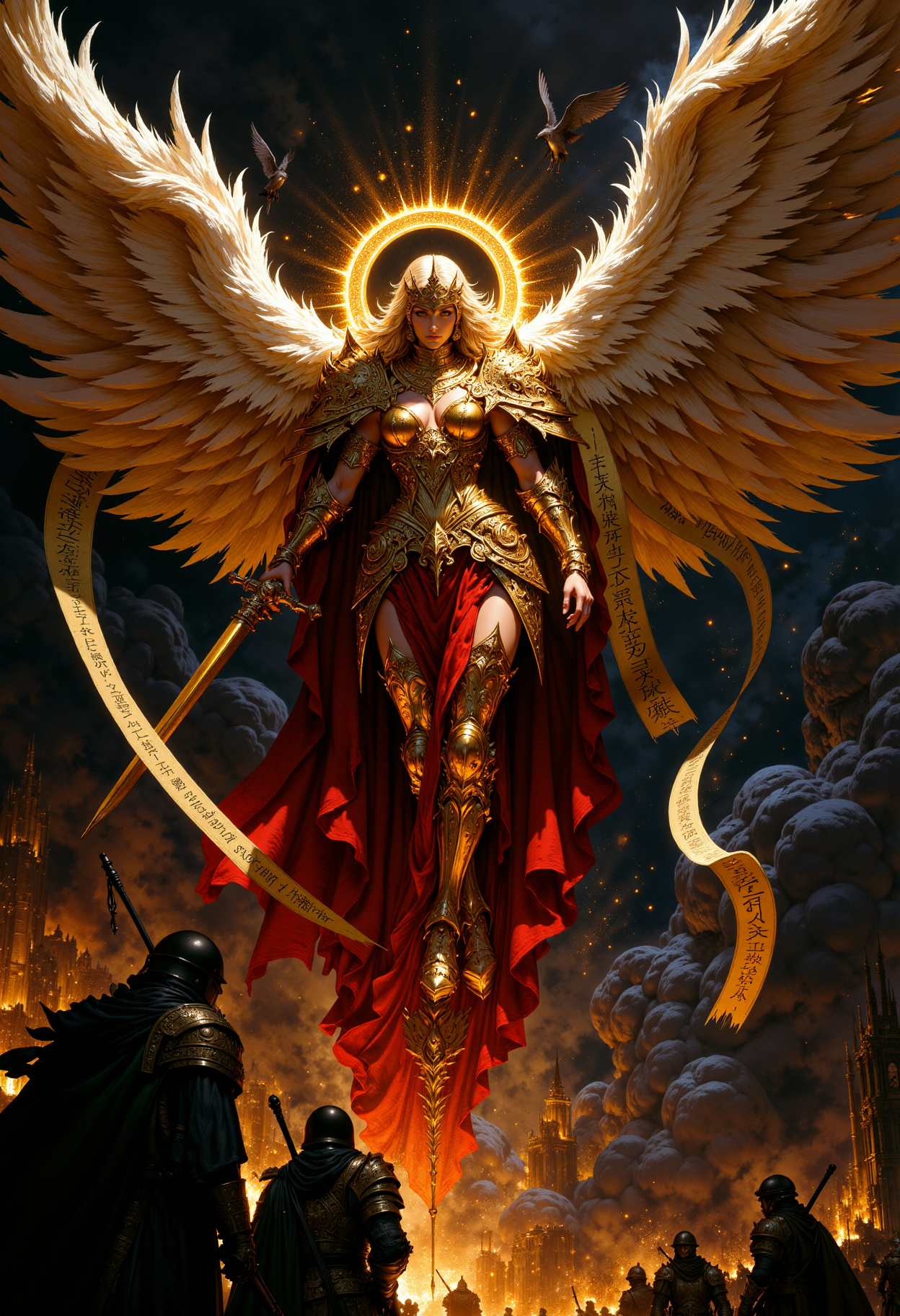 Highly detailed and dramatic digital artwork featuring a powerful angelic woman in the center, surrounded by a dramatic, dark background. The central figure is clad in ornate golden armor with red accents, featuring large, white, feathered wings spread wide. The gorgeous angel is hovering in the air. A radiant halo of light emanates from behind her head, casting a divine glow. The angel holds a sword in her right hand, and a scroll unfurls from the left hand, inscribed with ancient text. Below, three armored soldiers with helmets and rifles stand on a fiery battlefield, adding a sense of conflict and intensity. The overall composition is dynamic, with a strong contrast between the celestial figure and the dark, smoky environment, emphasizing themes of battle and divinity. <lora:FluxMythP0rtr4itStyle:0.6> <lora:flux.1_lora_flyway_Epic-Characters_v1:0.6> <lora:Elden_Ring_-_Yoshitaka_Amano:0.33>