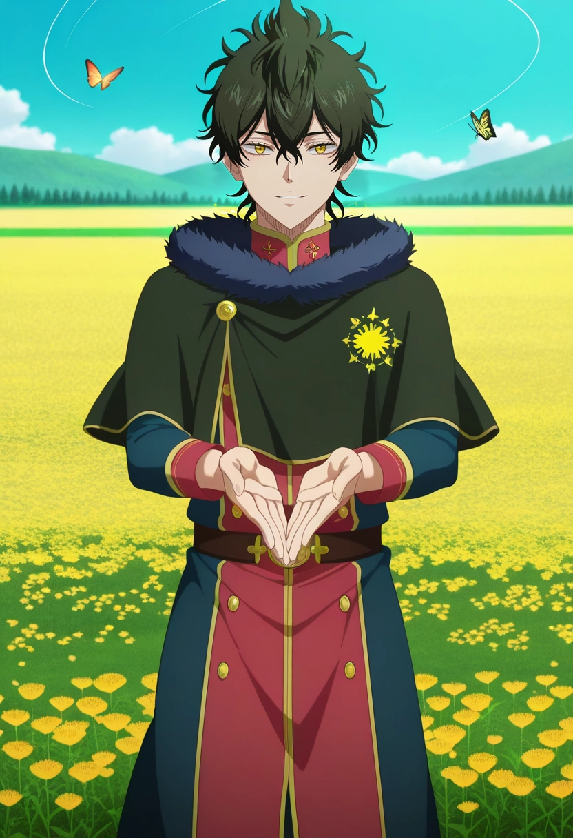 masterpiece, best quality, intricate details, anime screencap, anime coloring, , looking at viewer, 1boy, solo, male focus, <lora:yuno_black_clover_ilxl:0.9>, yuno_black_clover, black hair, yellow eyes, short hair, hair between eyes, fur trim, flower meadow, wildflowers, butterflies, rolling hills, spinning pose, carefree laugh, afternoon sun,
