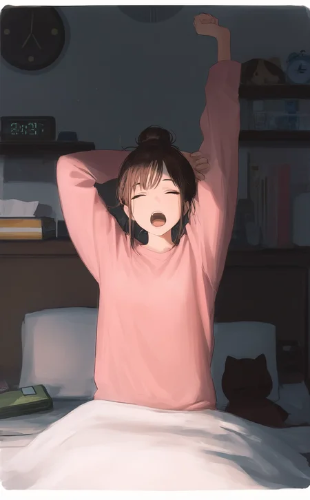 masterpiece, best quality, amazing quality, high quality, highres, 1girl, solo, open mouth, shirt, brown hair, closed eyes, indoors, hair bun, arms up, pillow, book, bed, border, phone, stuffed toy, single hair bun, stuffed animal, white border, pink shirt, blanket, clock, stretching, under covers, yawning, waking up, tissue box, stuffed cat, alarm clock <lora:noobai_ep11_stabilizer_v0.138_fp16:0.3> <lora:nhl-004:0.6> <lora:GWZS-IL:0.7>