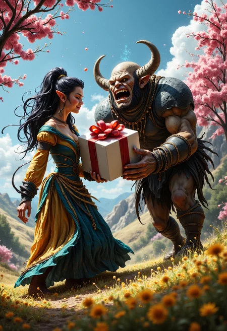 A female elf and a huge male orc in a field. The elf is wearing an elegant medieval dress, with lots of detail and embroidery. The female elf hands the orc a large gift box. The box is white, with a big red bow. The orc jumps up and down with joy, with a silly, blushing face. The female elf is happy and delighted. The day is bright and sunny. The scene has a bucolic, fantasy RPG feel. Pink cherry blossom leaves fly across the scene. The style is realistic and detailed. The lighting is professional and uses natural light. The quality is very high, full of detail and textures. Masterpiece.