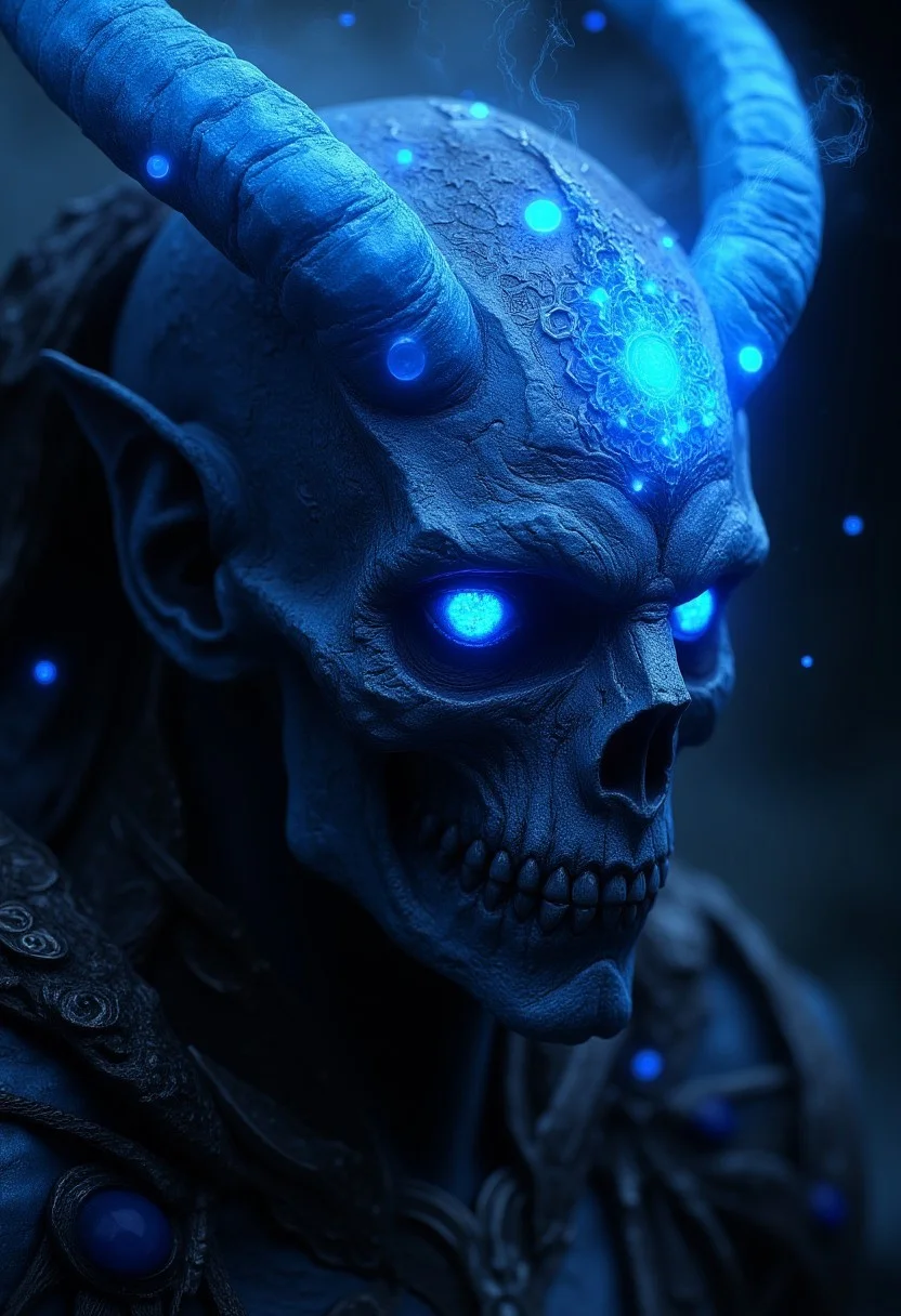 A hyper-detailed, dark fantasy portrait of a creature with a biomorphic neural network, Voronoi, and fractal style organic texture. The creature has a large, glowing eye and sharp teeth. The background is dark, with a few glowing blue thunder lights. The overall image has a visual impact and an unnatural color palette.Small, illuminated circular lights float around his skull, giving him an ethereal, mysterious aura. The glowing runes on his bones pulse with energy, radiating a dark power. Atmospheric haze surrounds the scene, heightening the contrast between the deep blacks of the background and the vibrant neon lights. The intense aura swirling around him feels ready to explode with necromantic energy, creating a striking visual of raw emotion and supernatural power in this eerie, sci-fi fantasy setting.