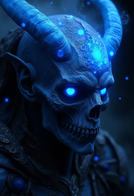 A hyper-detailed, dark fantasy portrait of a creature with a biomorphic neural network, Voronoi, and fractal style organic texture. The creature has a large, glowing eye and sharp teeth. The background is dark, with a few glowing blue thunder lights. The overall image has a visual impact and an unnatural color palette.Small, illuminated circular lights float around his skull, giving him an ethereal, mysterious aura. The glowing runes on his bones pulse with energy, radiating a dark power. Atmospheric haze surrounds the scene, heightening the contrast between the deep blacks of the background and the vibrant neon lights. The intense aura swirling around him feels ready to explode with necromantic energy, creating a striking visual of raw emotion and supernatural power in this eerie, sci-fi fantasy setting.